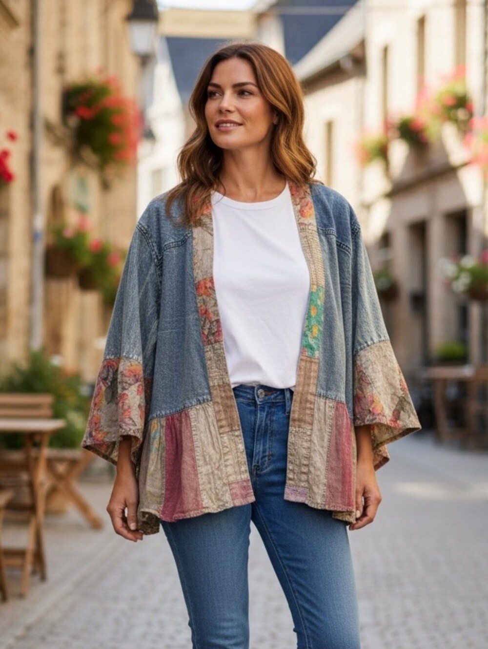 Young Threads “The Liv” Denim Boho Patchwork Olive/Multicolored Kimono Jacket S - Picture 4 of 4